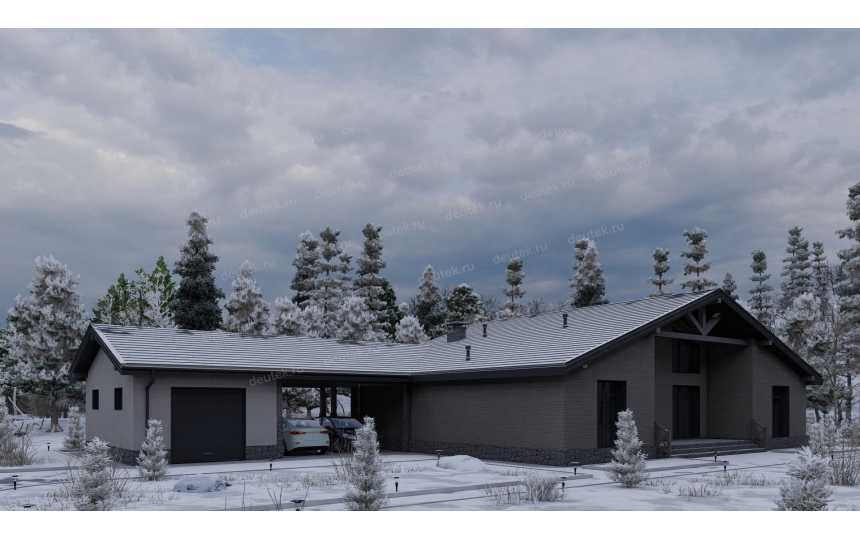 Проект одноэтажного дома с навесом для двух автомобилей и одноместным гаражом - P245