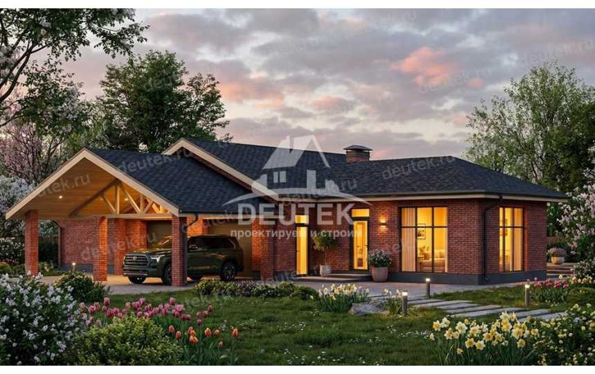 Проект узкого двухместного гаража с навесом для автомобиля - LK-532