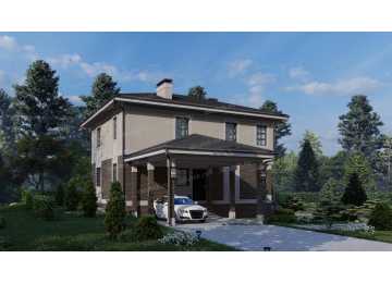 Проект жилого двухэтажного дома с навесом для автомобиля - P260