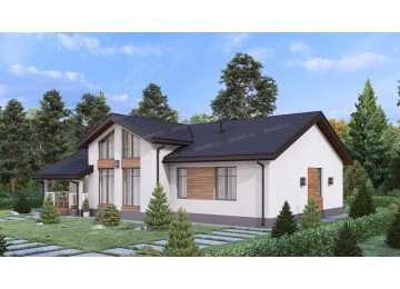 Проект жилого одноэтажного дома с большими окнами и вторым светом - P281