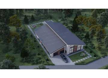 Проект узкого одноэтажного дома с большими окнами, вторым светом и двухместным гаражом - P289