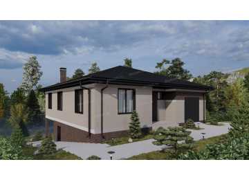 Проект квадратного двухэтажного дома с цоколем и одноместным гаражом - P228