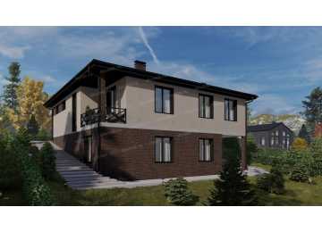 Проект квадратного двухэтажного дома с цоколем и одноместным гаражом - P228