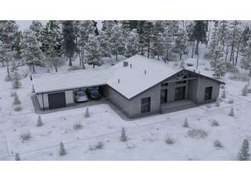 Проект одноэтажного дома с навесом для двух автомобилей и одноместным гаражом - P245