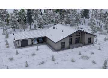 Проект одноэтажного дома с навесом для двух автомобилей и одноместным гаражом - P245