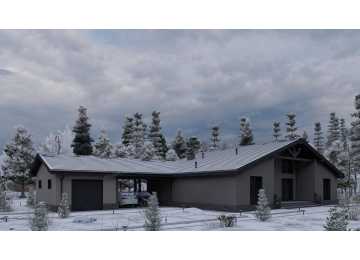 Проект одноэтажного дома с навесом для двух автомобилей и одноместным гаражом - P245