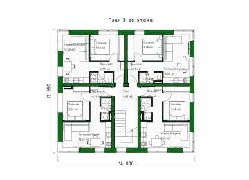 Проект трехэтажного многоквартирного дома с размерами 12 м на 14 м - P306