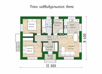 Проект узкого одноэтажного дома с размерами 12 м на 8 м - P263