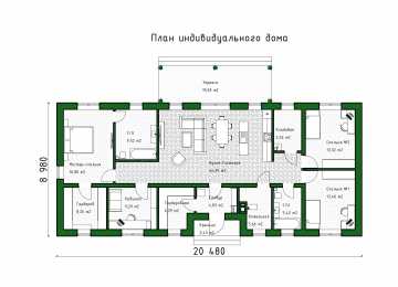Проект узкого одноэтажного дома с кабинетом - P274-1